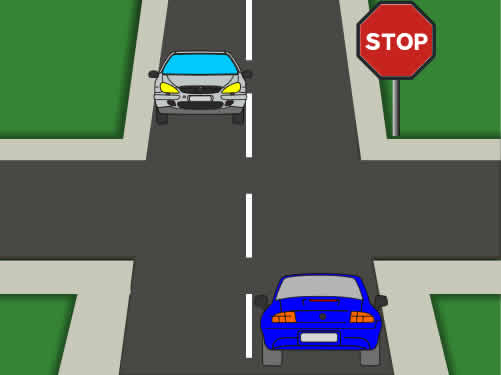 El vehículo azul quiere girar a la derecha, ¿a qué le obliga la señal de STOP?