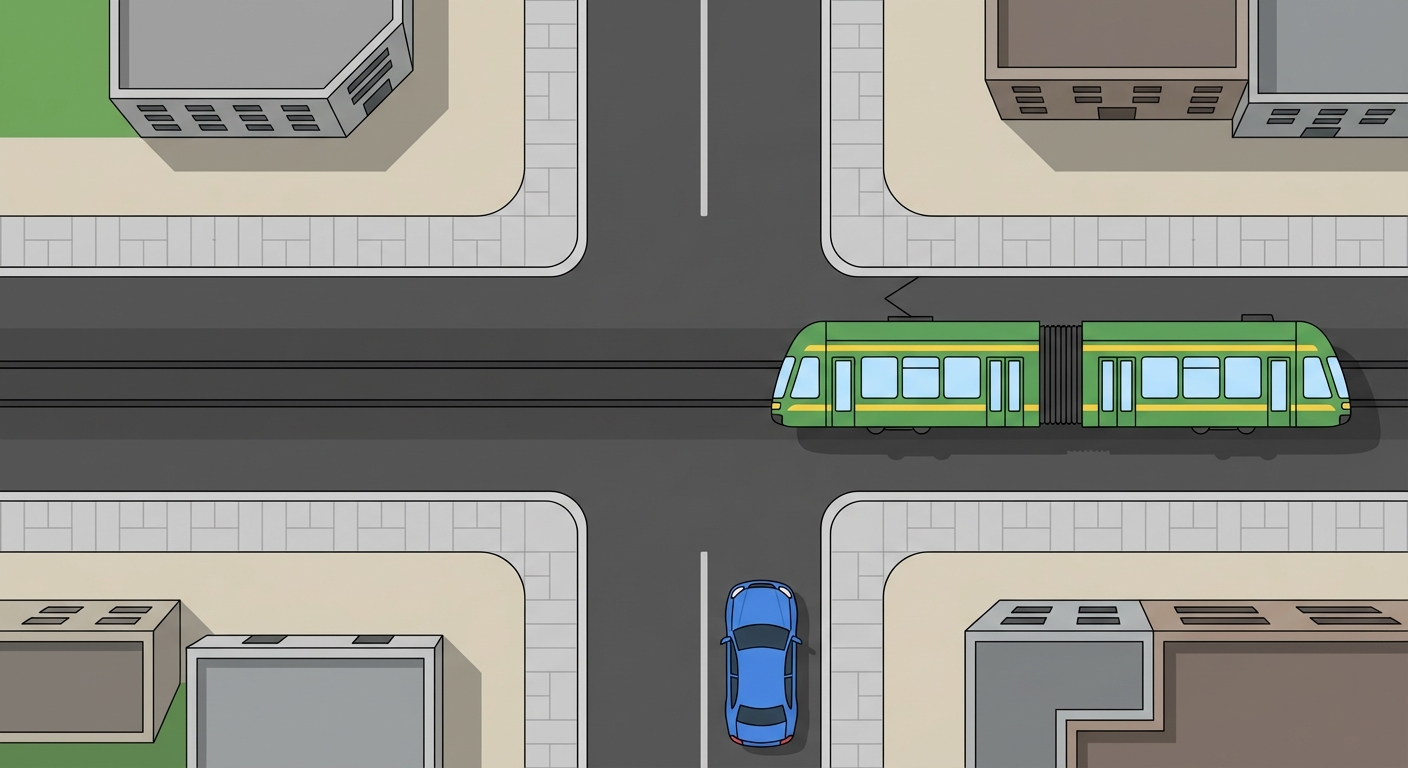 Al llegar a este cruce de vías sin señales que regulen la prioridad, ¿qué vehículo tiene el derecho de paso preferente?