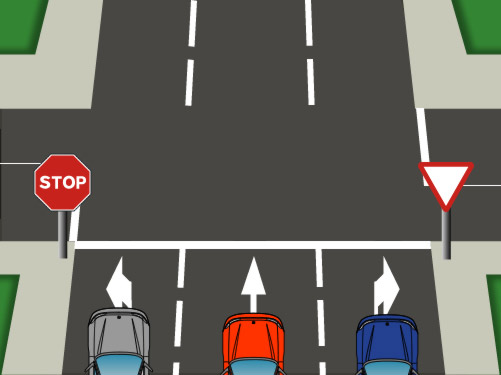 En esta intersección, ¿qué señal debe obedecer el vehículo azul para girar a la derecha?