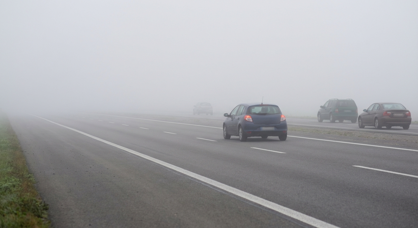 ¿Qué alumbrado debe activar un conductor que circula durante el día bajo condiciones de niebla si su vehículo no está equipado con luces antiniebla delanteras?