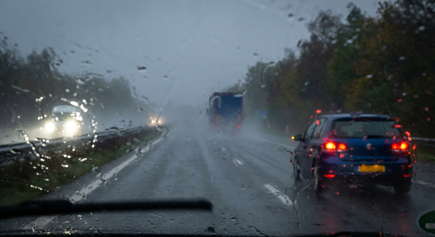 Al circular bajo condiciones meteorológicas adversas como niebla o lluvia intensa, ¿qué dispositivos de alumbrado se deben llevar encendidos obligatoriamente como mínimo?