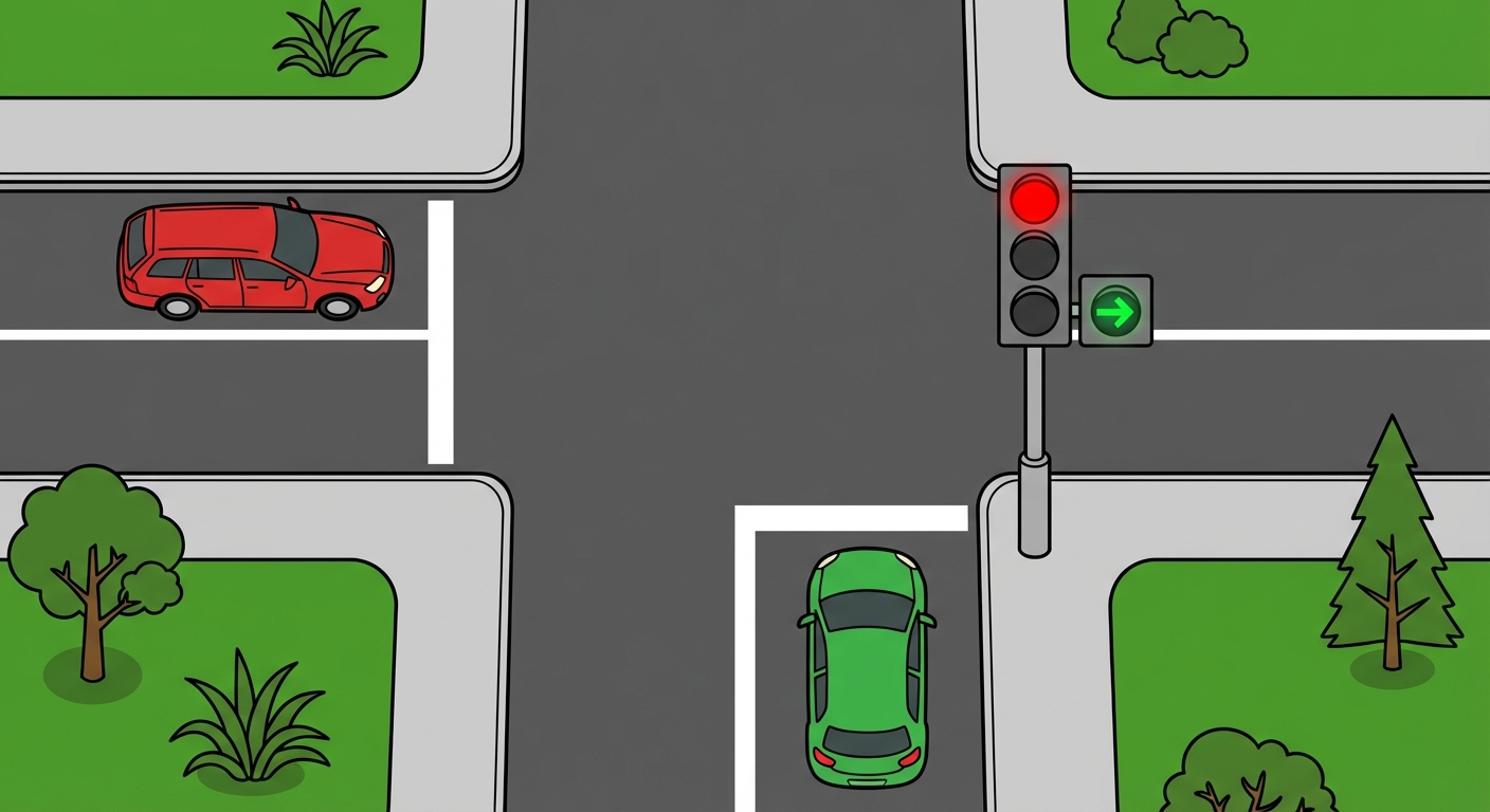 La flecha verde está iluminada. Si quiere girar a la derecha, ¿tiene preferencia de paso?