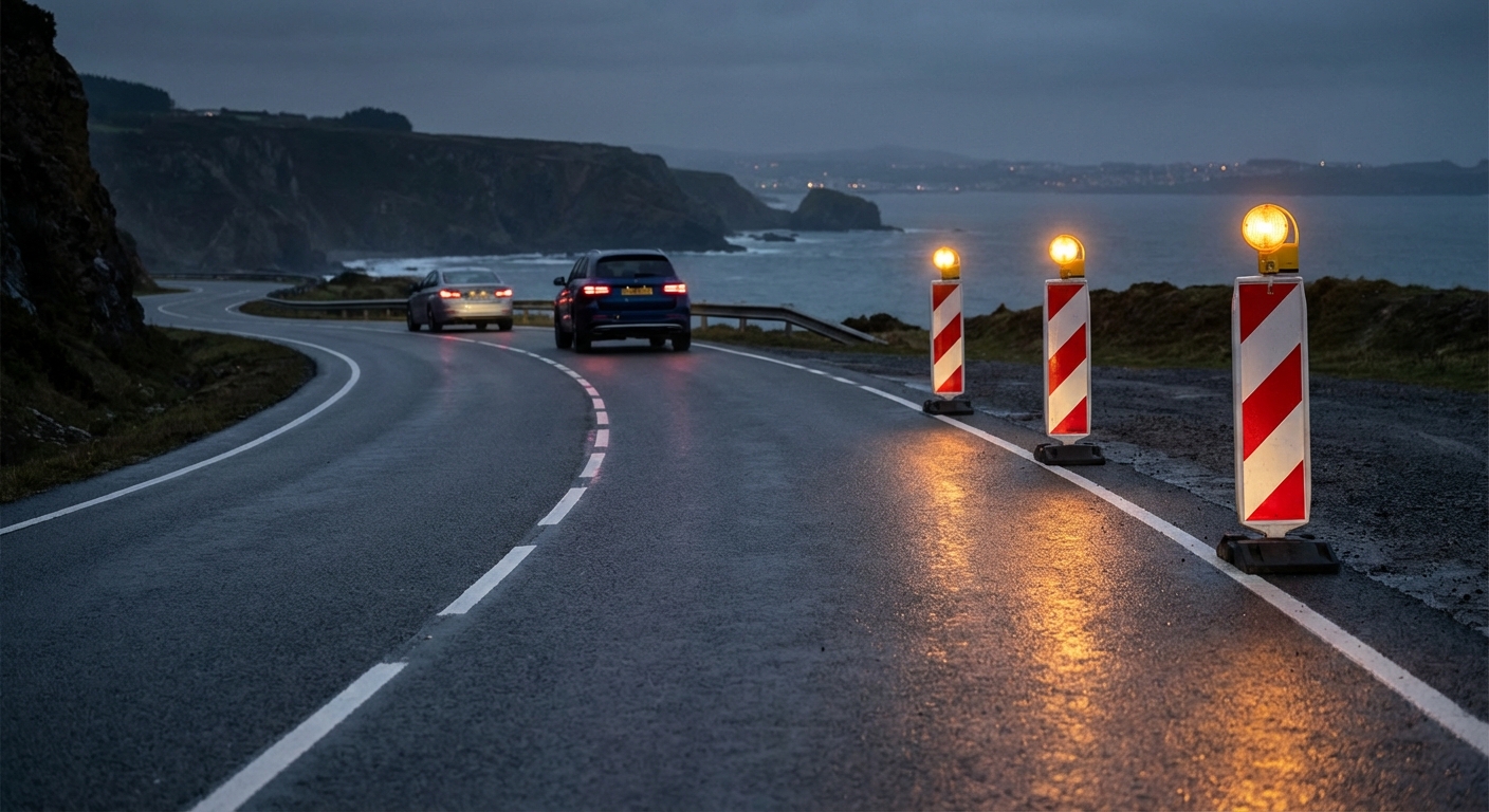 Al encontrarse con una hilera de luces amarillas, tanto fijas como intermitentes, ¿cuál es el significado de esta señalización para el conductor de una motocicleta?