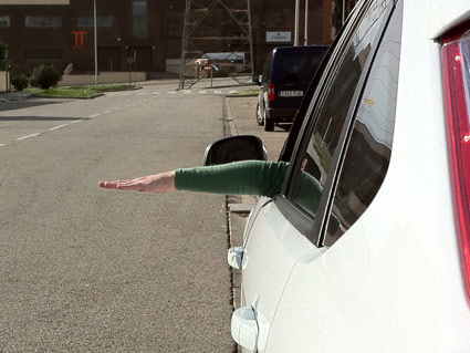 ¿Qué indica el conductor de un vehículo que extiende el brazo izquierdo horizontalmente con la palma de la mano extendida hacia abajo?