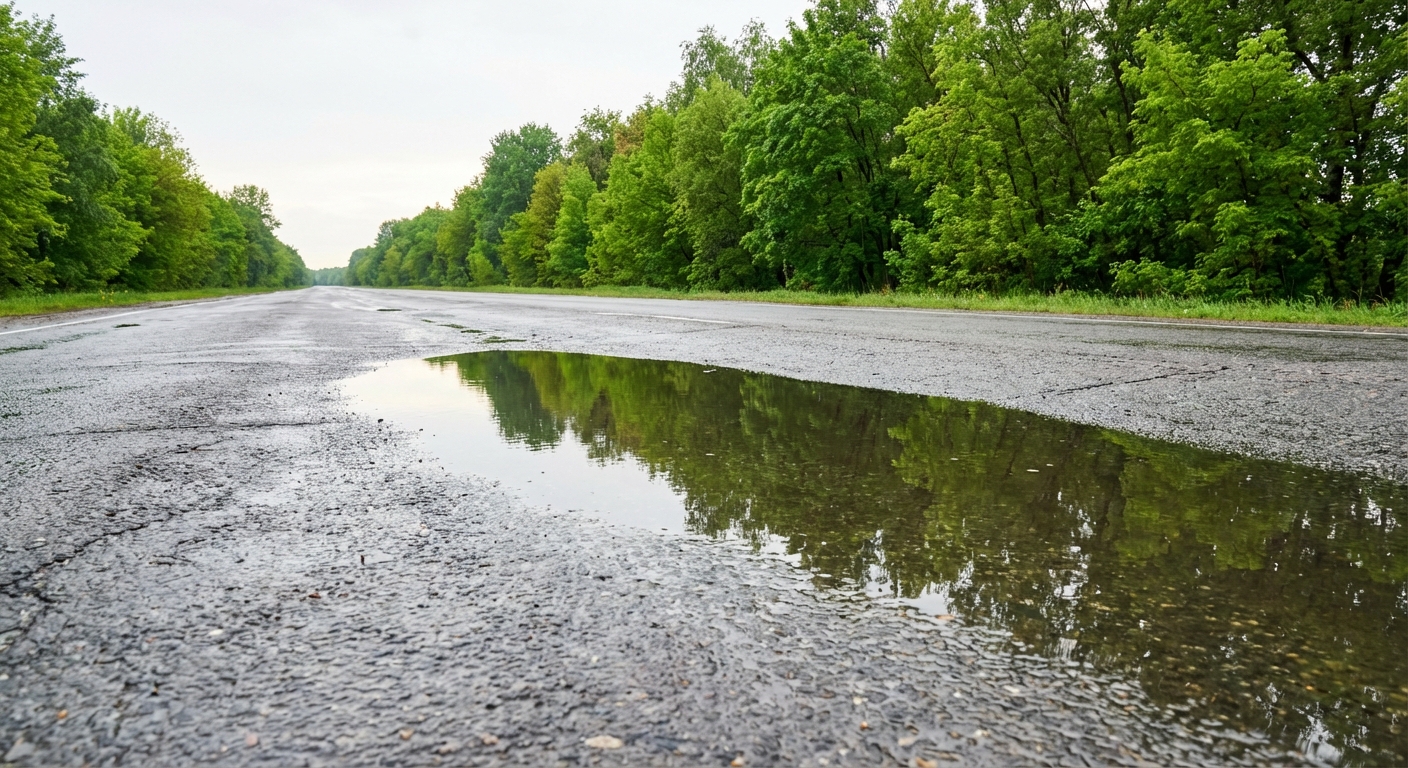 Al circular por una vía en la que se observan charcos de agua sobre la calzada, el conductor...