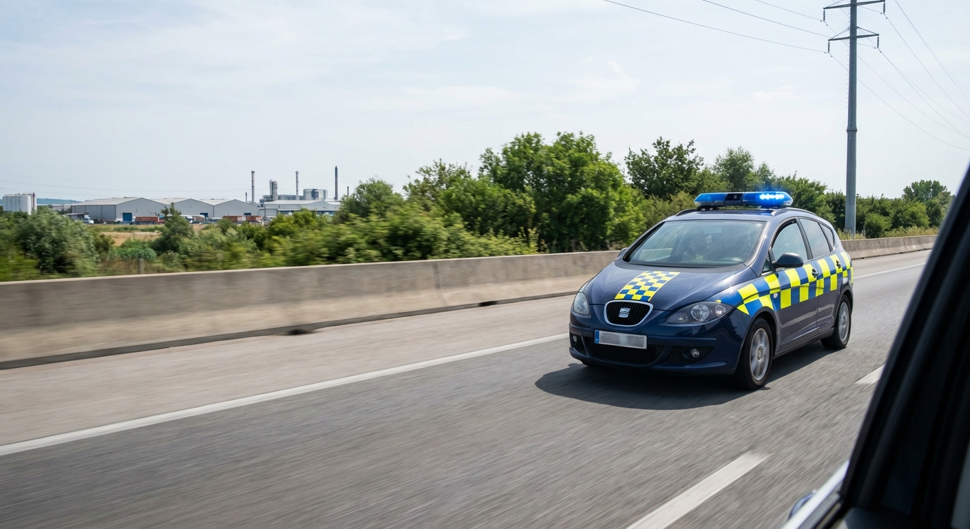 Este coche de policía utiliza simultáneamente la señal luminosa y el aparato emisor de señales acústicas especiales. ¿Deben los conductores facilitarle el paso?