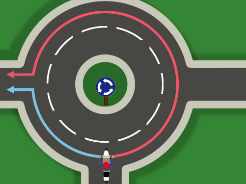 Este conductor va a tomar la vía de la izquierda en la glorieta, ¿qué itinerario debe seguir?