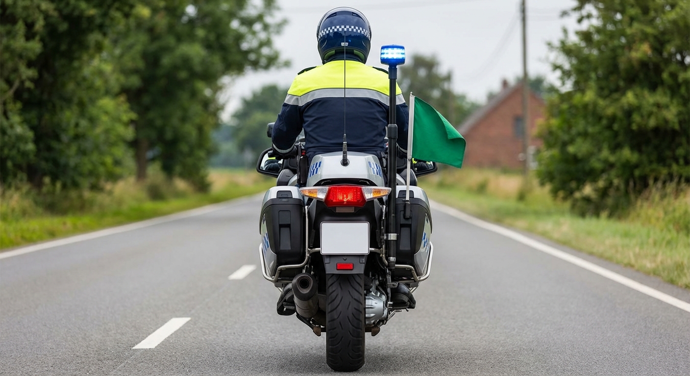 ¿Qué señalización transmite un agente de tráfico que circula en una motocicleta portando una bandera de color verde?